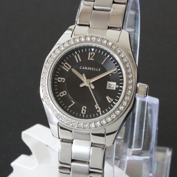 Caravelle Ladies Dress Watch By Bulova Black Sunray Dial 48 Crystal Bezel 28mm - Picture 7 of 12